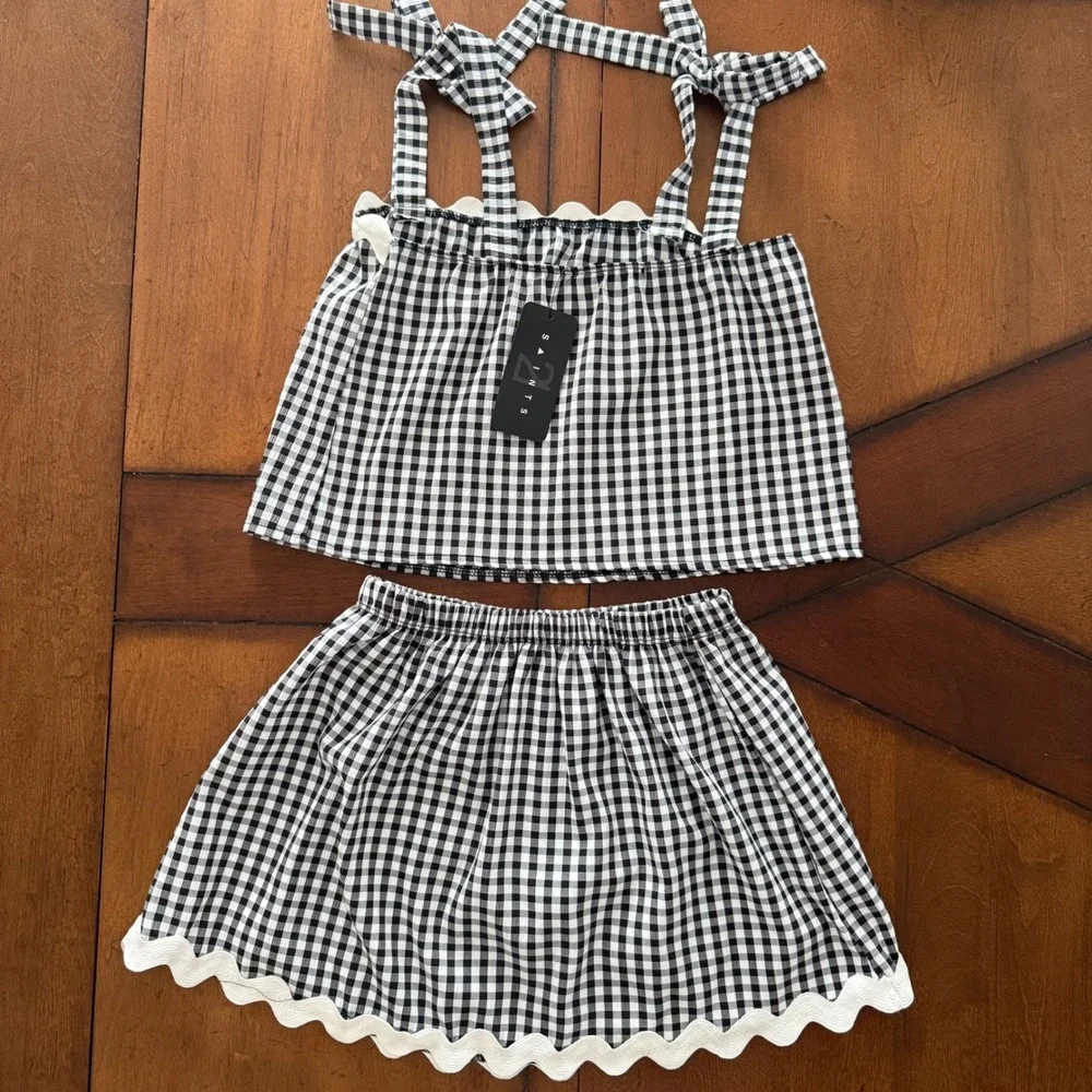 Gingham Check Crop Top & Skirt Set Black White Size S NWT Resort Vacation Y2K - Picture 2 of 8